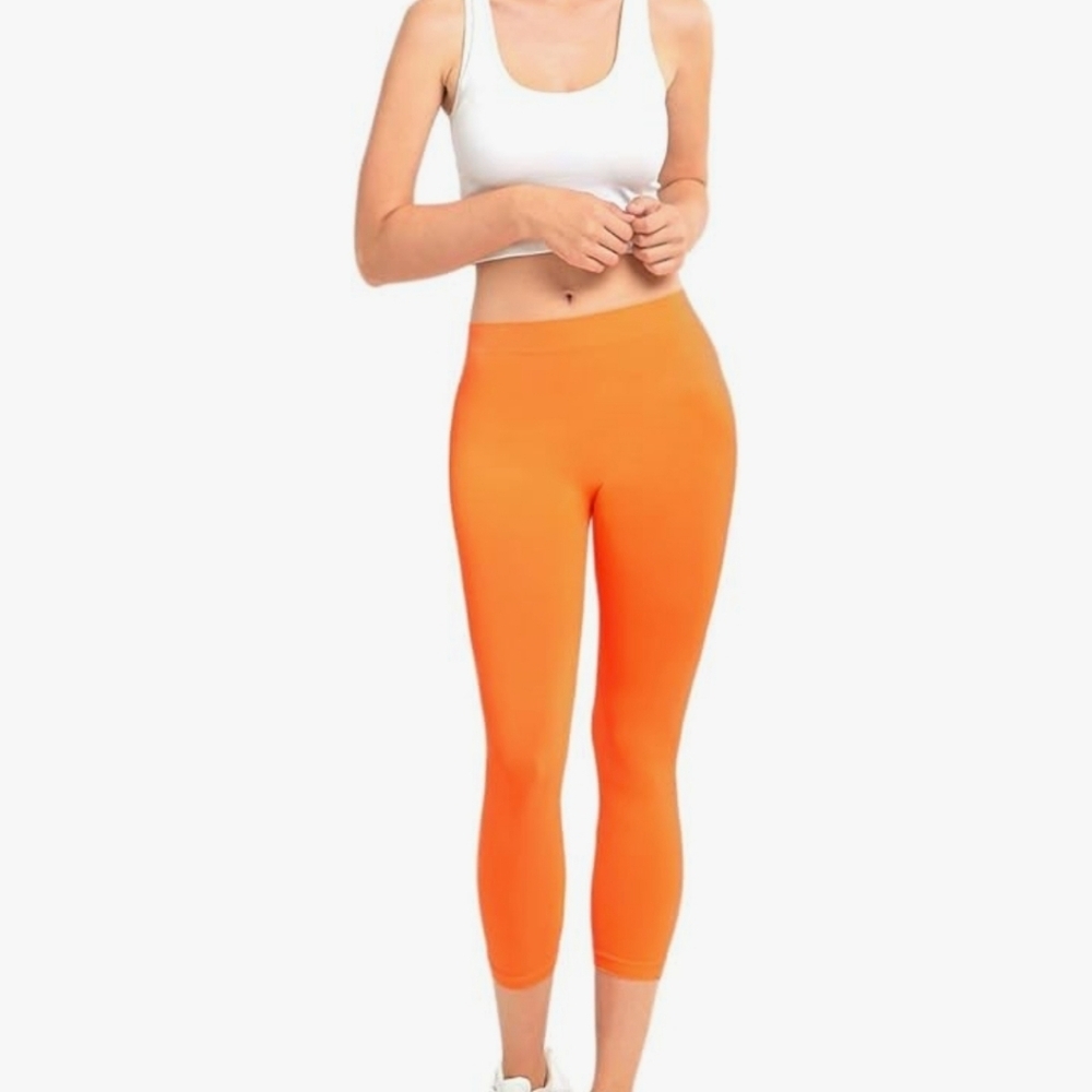 🩷 3/$15 Mopas Women's Ribbed Waistband Capri Length Orange Leggings, S/M, NWT